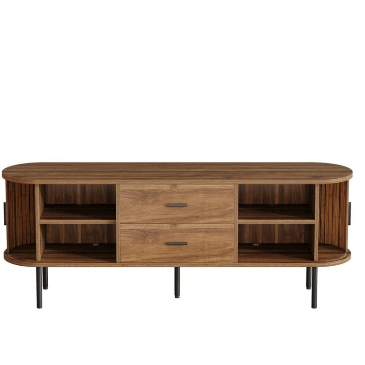 70.87" Walnut Mid Century Modern Fluted Tv Stand With Tambour Sliding Doors For Living Room