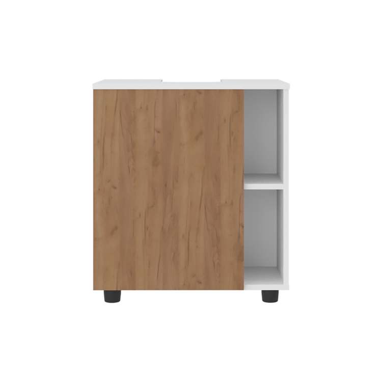 White And Natural Oak 1 Door Pedestal Sink Cabinet With 5 Open Compartments