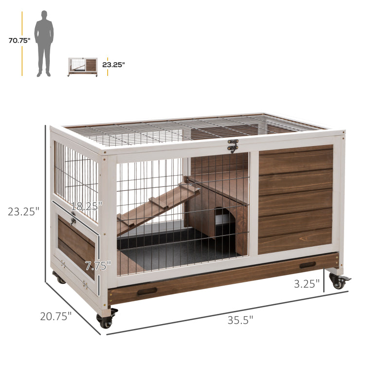 Pawhut Wooden Rabbit Hutch Indoor Outdoor, Elevated Bunny Cage With No Leak Tray Enclosed Run With Wheels, Ideal For Guinea Pigs And Small Animals, Brown
