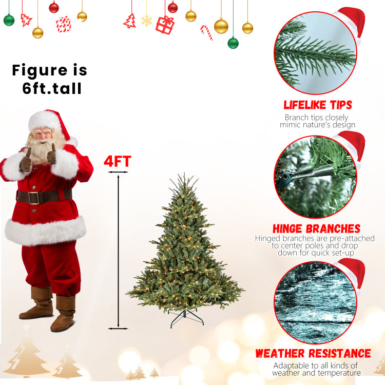 4Ft Full Shape Christmas Tree With 150 Ul Lights Pe Pvc Mixed Branches, 673 Tips, Wide Base For Spacious Areas, Hinged Structure, Stable Metal Stand