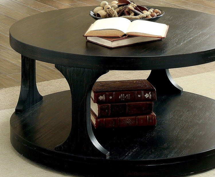 Transitional Style Antique Black Finish Bold Round Structure 1Pc Coffee Table With Extra Storage Shelf I Designed Legs End Table Not Included