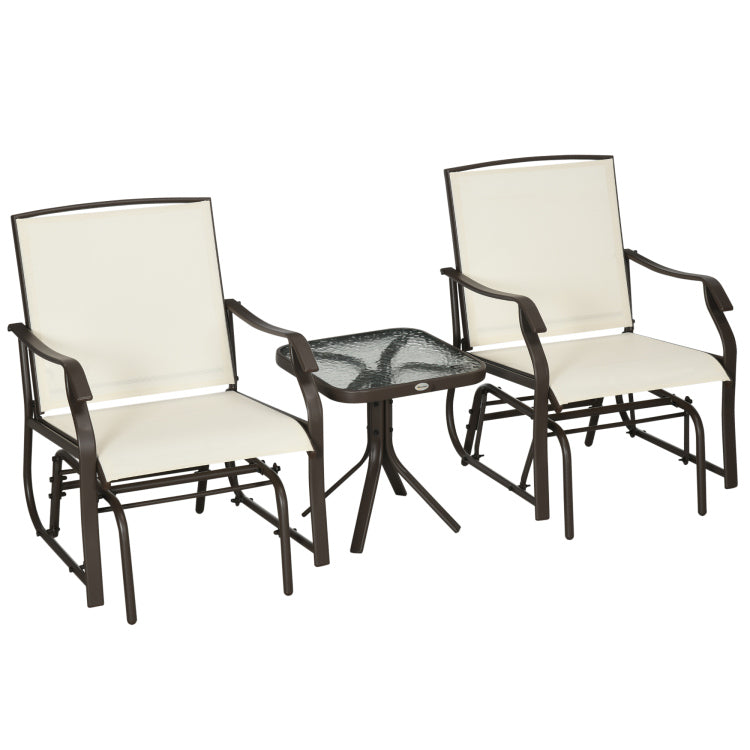 Outsunny 3 Piece Outdoor Glider Chair With Coffee Table Bistro Set, 2 Patio Rocking Swing Chairs With Sling Fabric, Glass Tabletop, For Backyard, Garden And Porch, Cream White