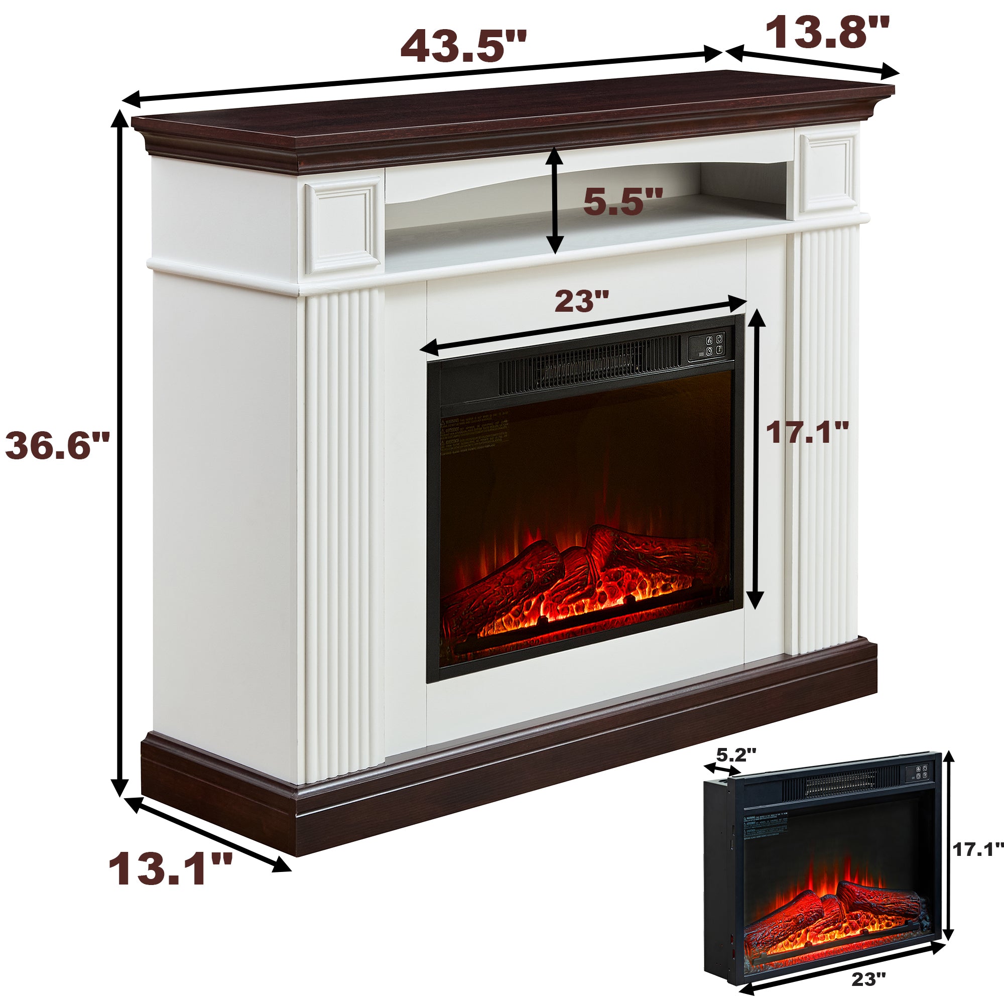 Electric Fireplace With Mantel Shelf, Freestanding Fireplace Heater With Led Flame, 23 Inch Fireplace Insert In Firebox For Bedroom And Living Room