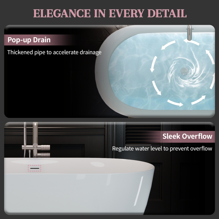 63" Acrylic Freestanding Bathtub, Oval Deep Soaking Bathtub With Center Pop Up Drain & Integrated Overflow, Contemporary Stand Alone Bath Tub For Bathroom Spa Or Home Upgrade, Glossy White Th 26A09