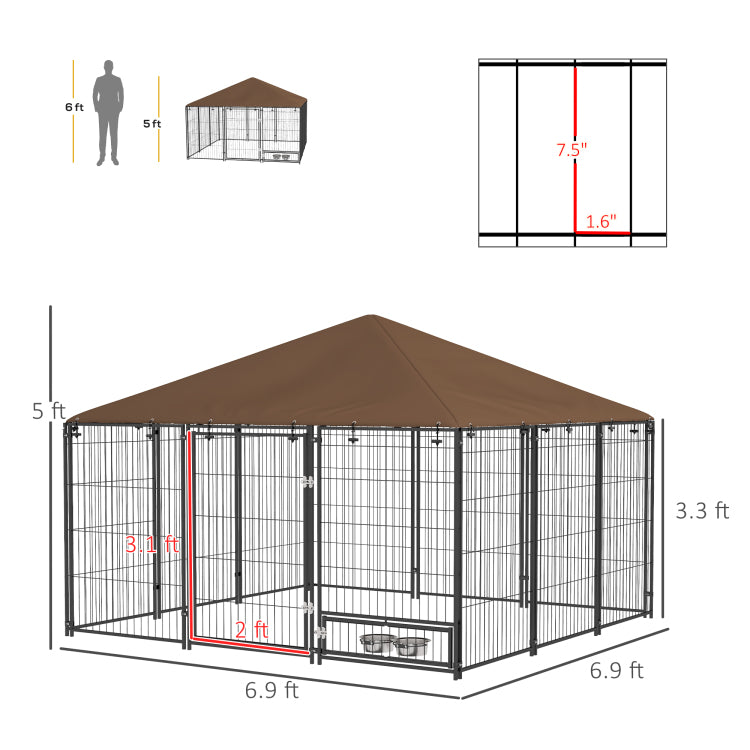 Pawhut Outside Dog Kennel, 6.9' X 6.9' X 5' Puppy Play Pen With Canopy, Garden Playpen Fence Crate Enclosure Cage Rotating Bowl, Coffee