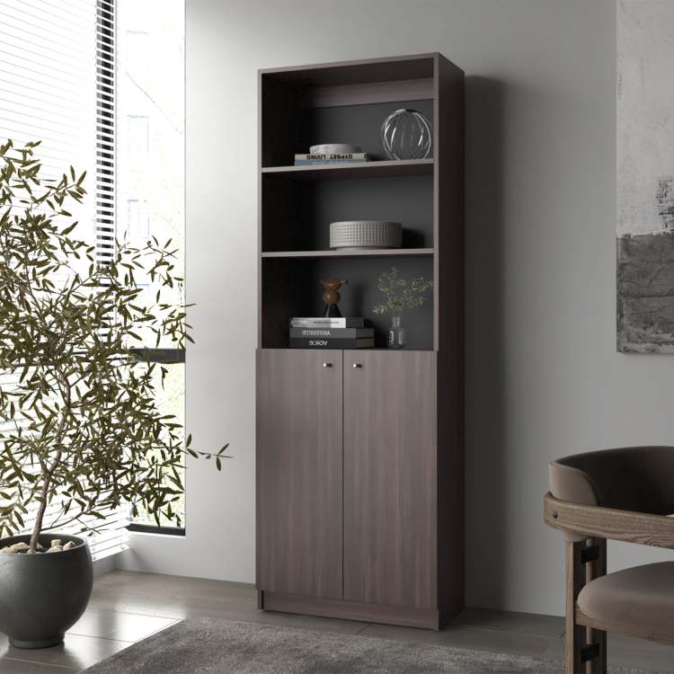Stained Walnut Bookcase With Open Storage And 2 Doors