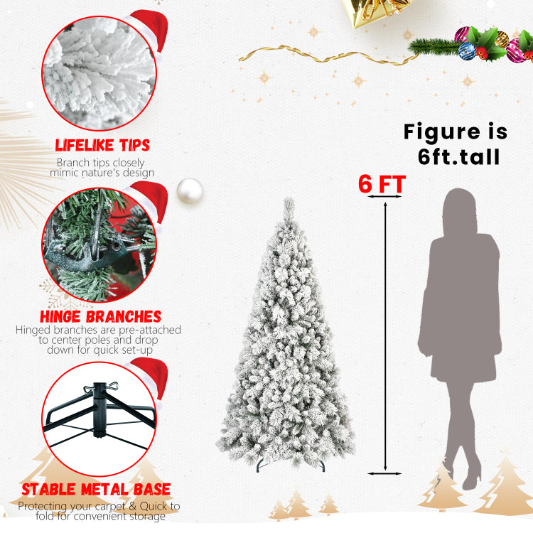 6Ft Flocked Christmas Tree With 752 Tips Snowy Pvc & Hard Needle Branches, Hinged Structure For Easy Setup, Stable Metal Stand Realistic Full Body Holiday Tree