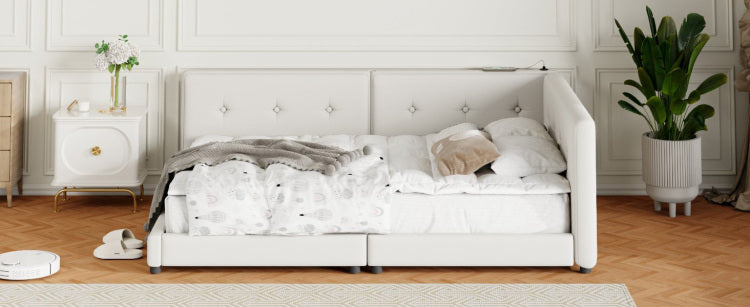 Upholstered Queen Size Platform Bed With Usb Ports, Beige