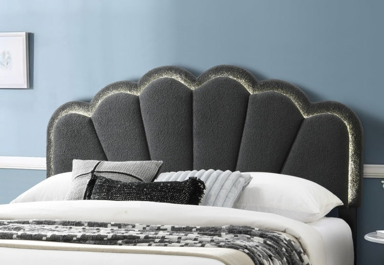 Full Size Bed Charcoal Wool Fabric Floral Design Headboard W Led Fully Upholstered Platform Bedroom Furniture