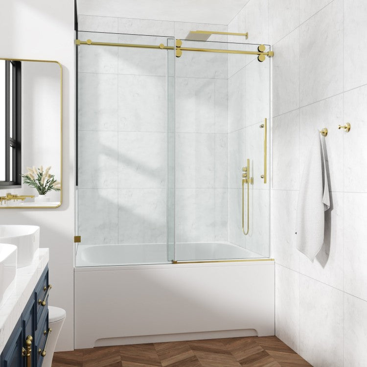 60*76"Fixed & Sliding Shower Door, Round Tube Hardware, Clear Glass Shower Door, 3 8 10Mm Sgcc Tempered Glass, Stainless Steel