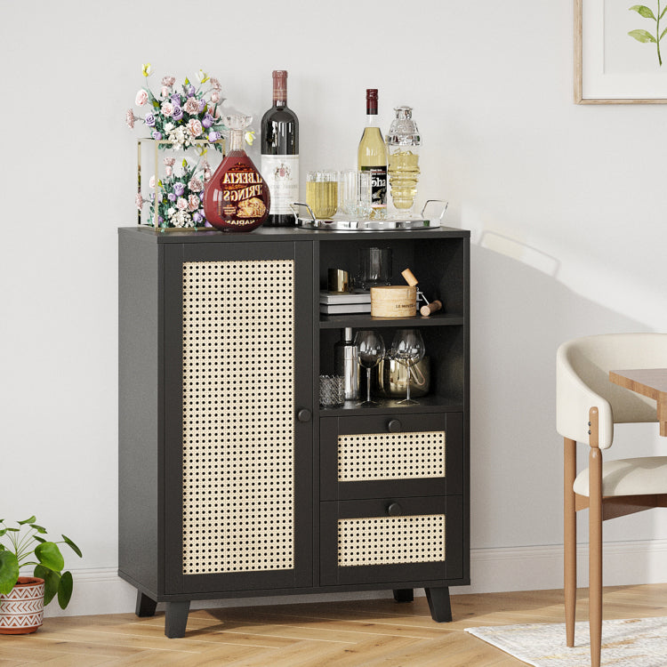 Rattan Buffet Cabinet With Adjustable Shelf, Sideboard With Drawers For Living Room, Kitchen, Entryway