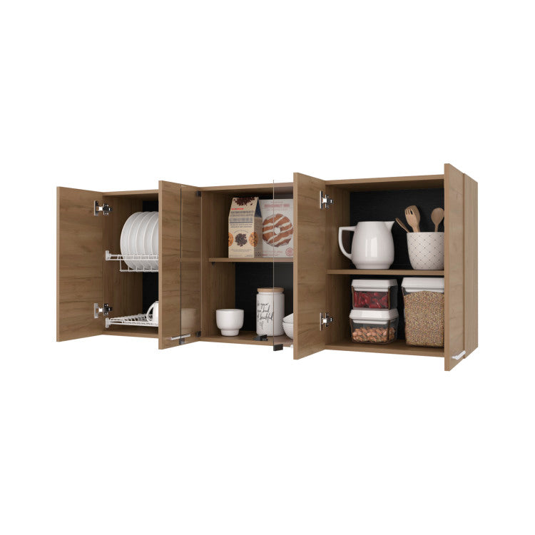 Lydia Wall Cabinet Kitchen In Melamine Wit 4 Doors And Glass Storage, Natural Oak