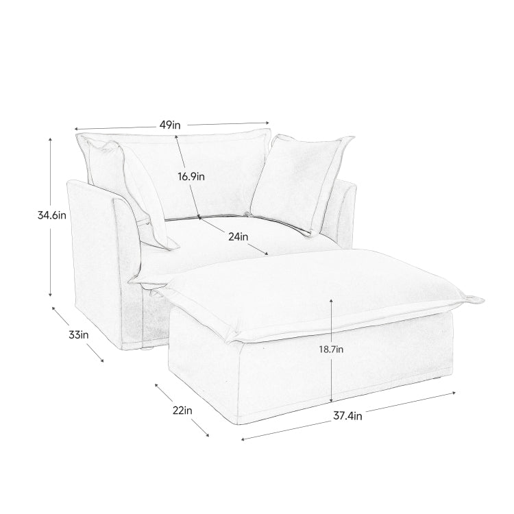 Upholstered Slipcovered Armchair With Ottoman, Deep Seat Armchair W Wide Ottoman For Living Room, Armchair Sets With Large Soft Pillows Set Of 2 ,Chenille Fabric,Cream