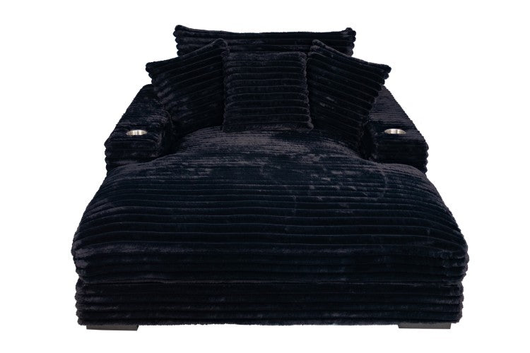 Modern Chaise Lounge W 2 Cup Holders Usb Ports Black Corduroy Wooden Legs Pillows Plush Couch Sofa Chaise