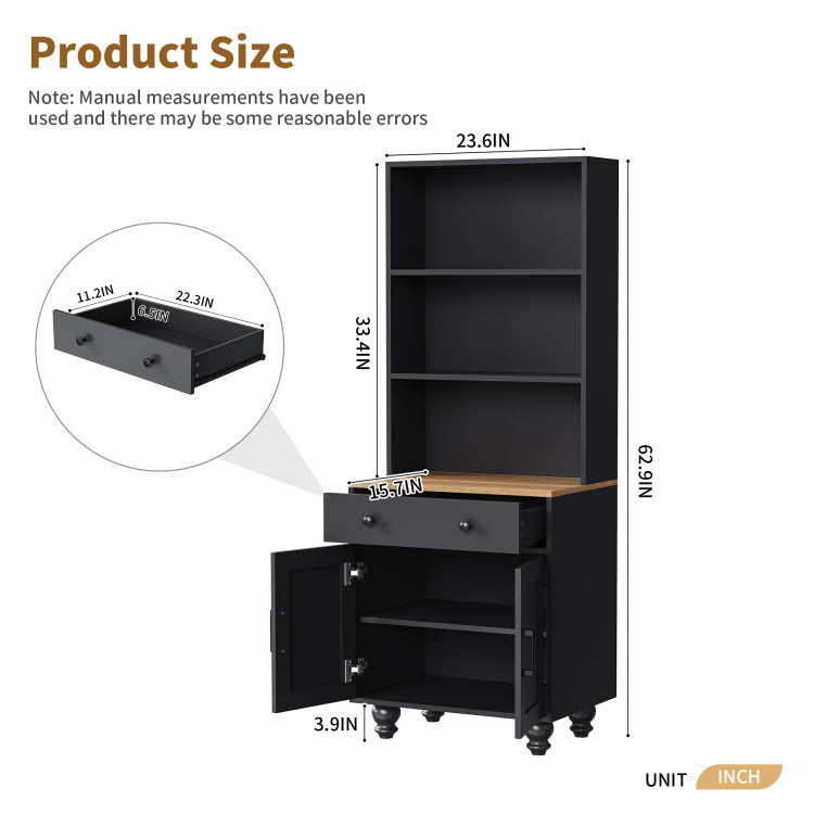 Farmhouse Storage Cabinet With 4 Solid Wood Gourd Shaped Legs, Modern Kitchen Pantry Cabinet With Adjustable Shelves, 5 Tier Bookshelf With Drawer For Living Room, Black