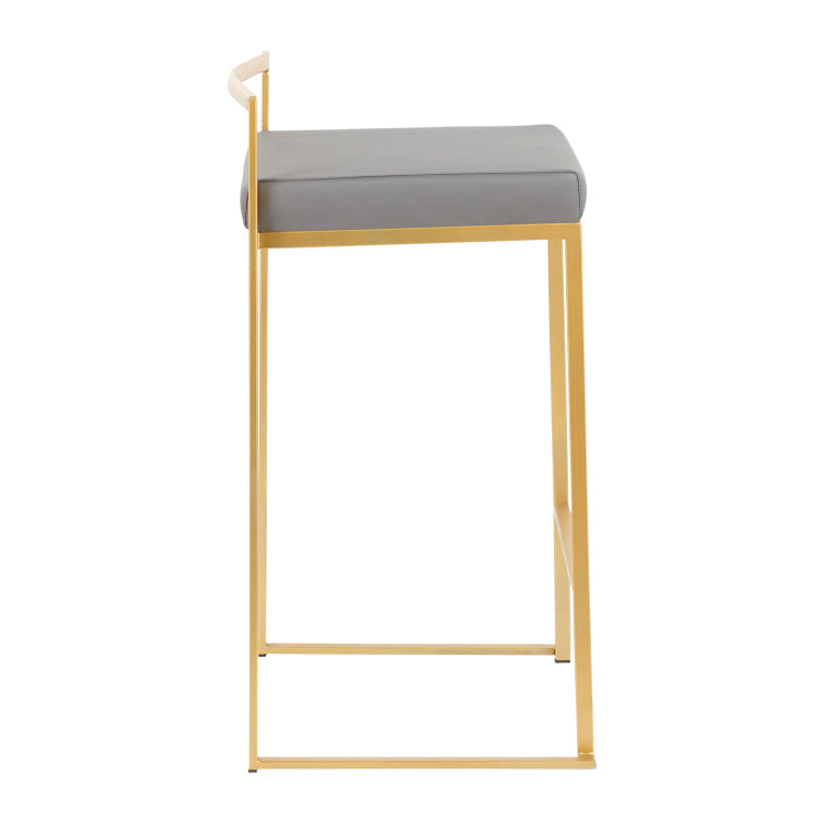 Contemporary Counter Stool In Gold With Grey Faux Leather Set Of 2