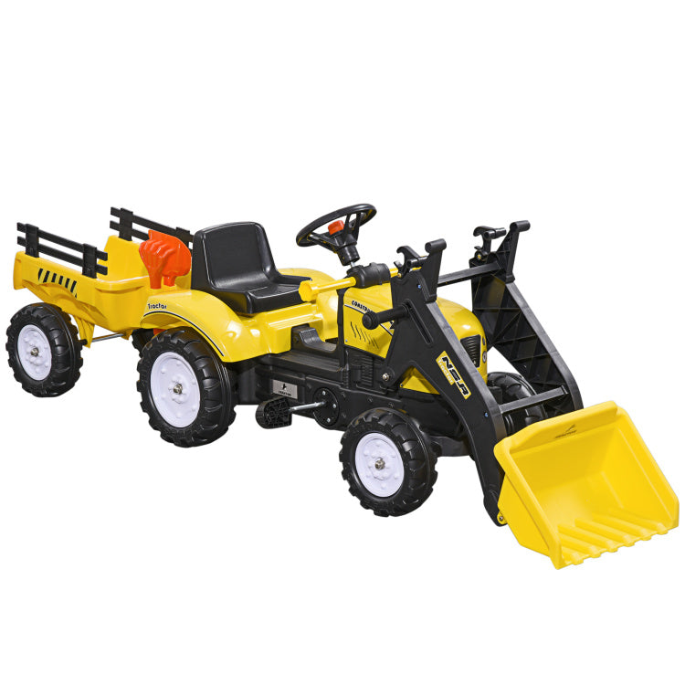 Aosom Kids Ride On Excavator, Pedal Car Bulldozer, Move Forward Back With Real Working Dirt Bucket, 6 Wheels, & Cargo Trailer