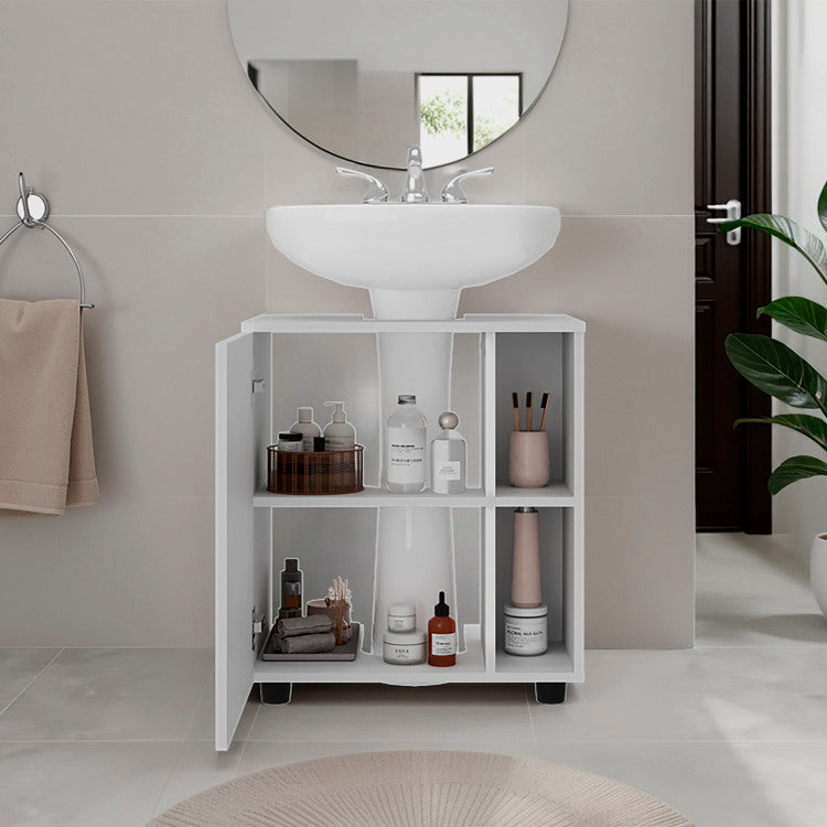 Parade Under Pedestal Sink Cabinet, 1 Door, 5 Open Compartments, Melamine Finish, White