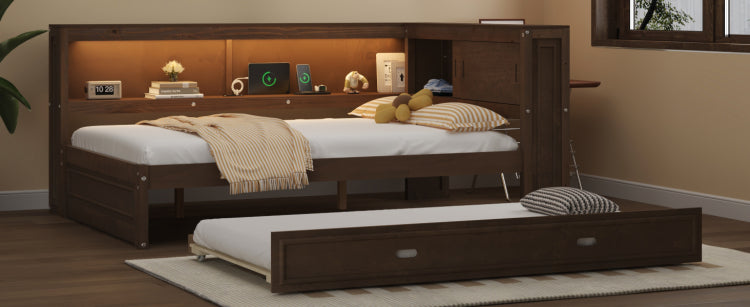 Full Size Wood Daybed With Storage Shelves, Usb, Led, And Trundle, Antique Wood Color
