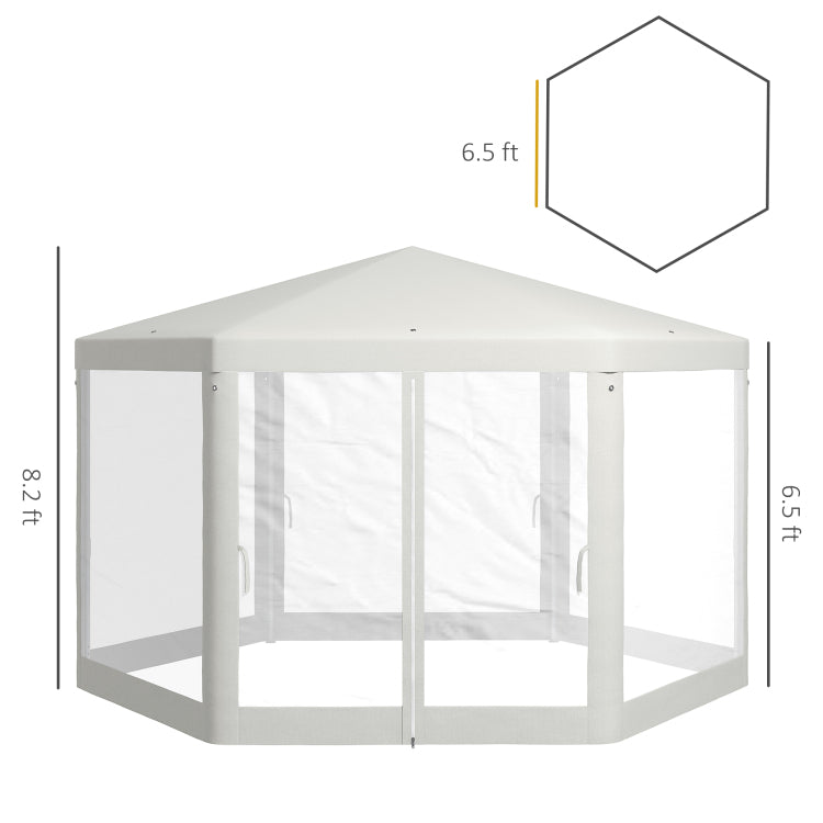 Outsunny 13' X 11' Outdoor Party Tent, Hexagon Sun Shade Shelter Canopy With Protective Mesh Screen Sidewalls, Ropes & Stakes, Cream White