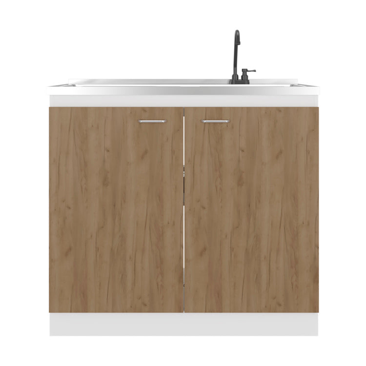 Napoles Utility Sink With Faucet Inclued And Integrated Stainless Steel Counter Top, Freestanding Cabinet With Two Doors, Metal Handles And Two Interior Shelves, Natural White