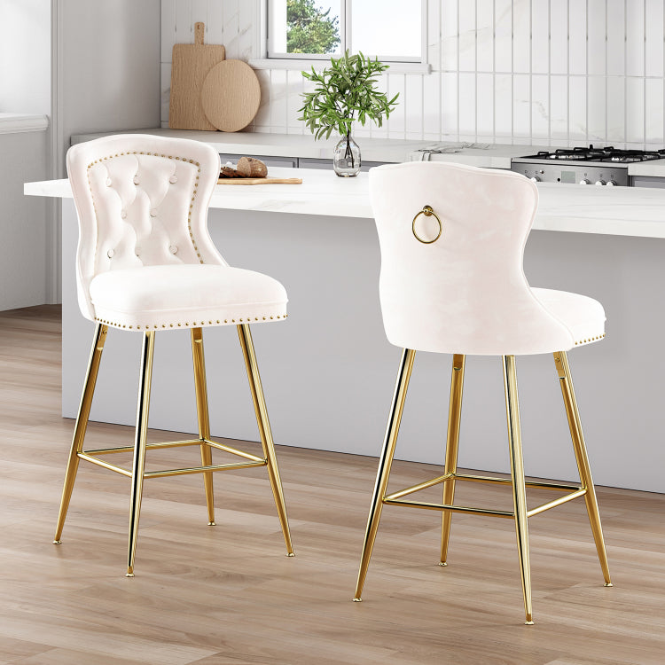 Bar Stools Set Of 2, Velvet Counter Height Bar Stools With Metal Legs, Button Tufted And Nailheads Trim, Wing Back Bar Chairs For Kitchen Island Dining Room Pub, Beige