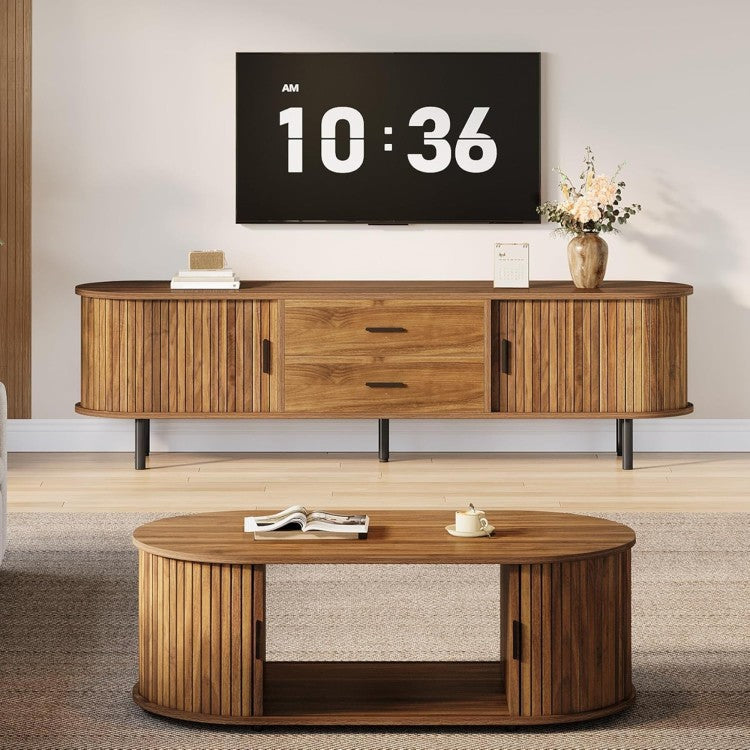 70.87" Walnut Mid Century Modern Fluted Tv Stand With Tambour Sliding Doors For Living Room