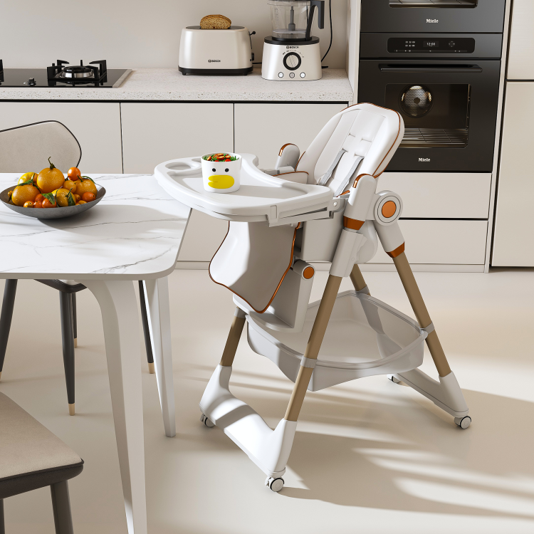 Adjustable Baby High Chair 0 6 Years Portable Infant Feeding Seat With Safety Belt, Silent Lockable Wheels & Easy Clean Design For Home, Dining, Living Room, Bedroom White