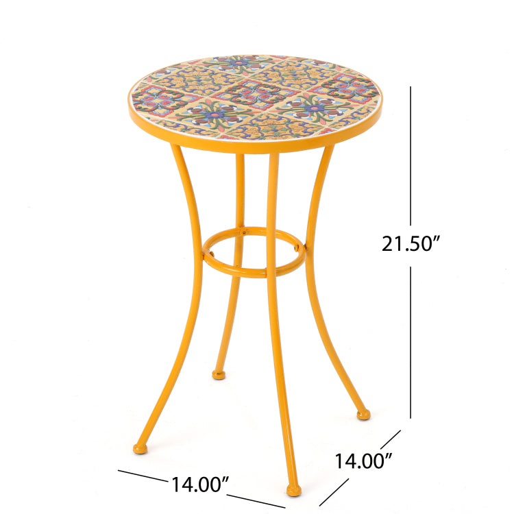 Outdoor Side Table With Tile Mosaic Table Top And Metal Legs, Yellow
