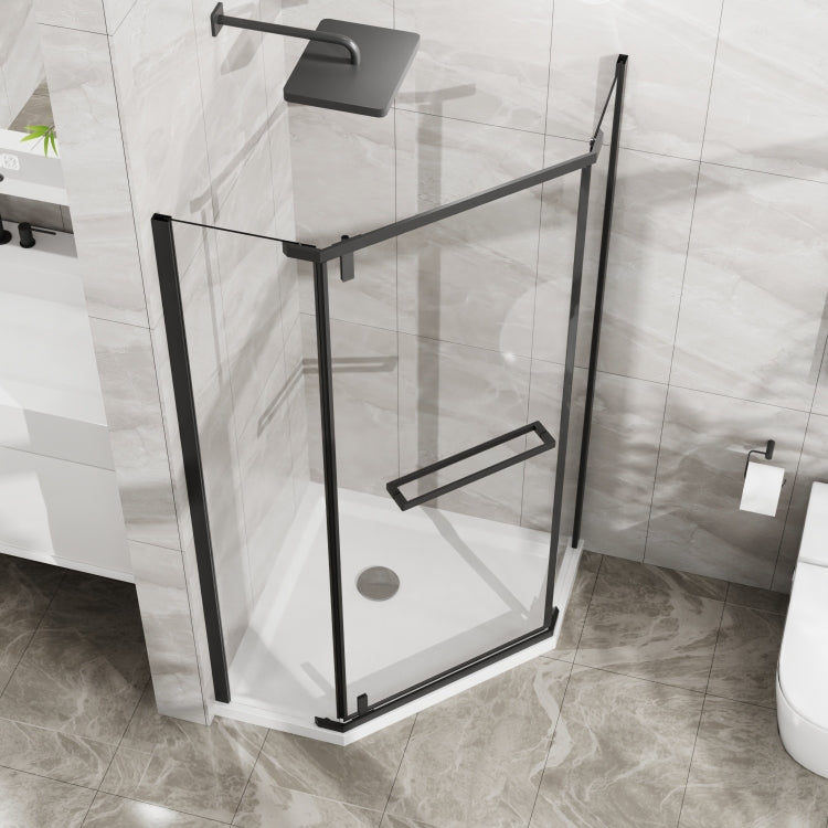 Goodyo Neo Angle Frameless Shower Door 36 In. D X 36 In. W X 72 In. H Corner Shower Enclosure With White Acrylic Shower Base Combo, Pivot Shower Door In Matte Black Finish