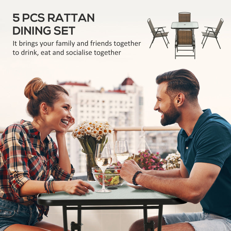 Outsunny 5 Pieces Wicker Patio Dining Set, Foldable Outdoor Table And Chairs, Wicker Furniture Dining Set With Umbrella Hole, Tempered Glass Table, Dark Brown