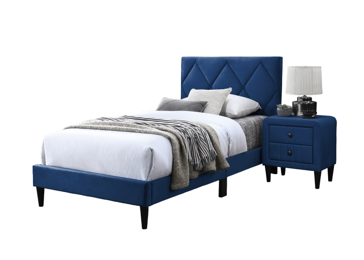 Twin Size Bed W Adjustable Headboard 1Pc Bedframe, Navy Blue Velvet Upholstered Youth Bedroom Furniture