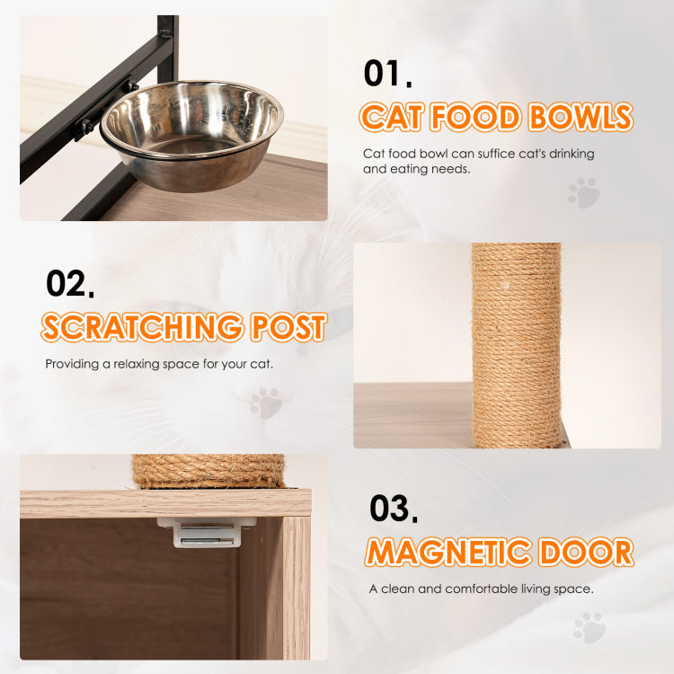 Cat Tree With Litter Box Enclosure, All In One Cat Tower For Indoor Cats With Large Hammock, Bed, Food Station, Scratching Posts, Modern Style Pet Furniture, Gray White