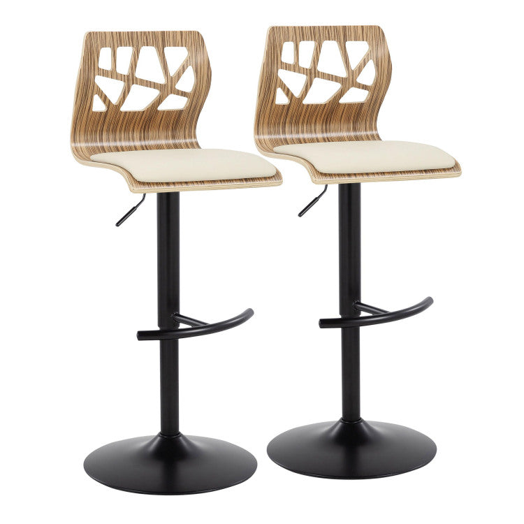 Folia Mid Century Modern Adjustable Barstool With Swivel In Black Metal, Zebra Wood And Cream Faux Leather With Rounded T Footrest Set Of 2