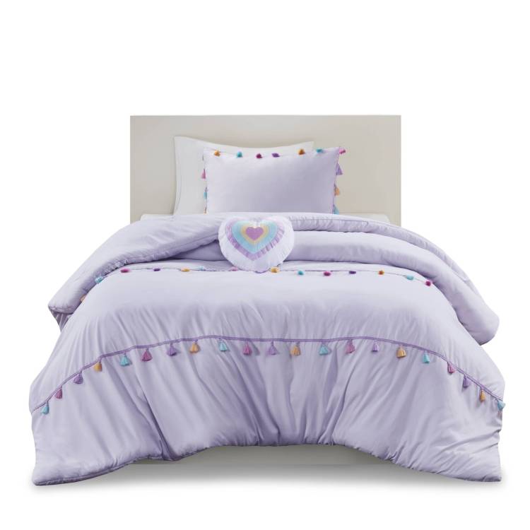 3 Pcs Twin Tassel Comforter Set With Heart Shaped Throw Pillow Lavender
