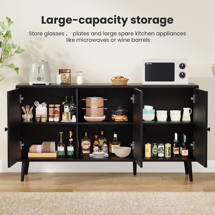 Sideboard Buffet Cabinet With 3 Rattan Doors,Modern Kitchen Storage Console Cabinet For Entryway Living Room Large,Black