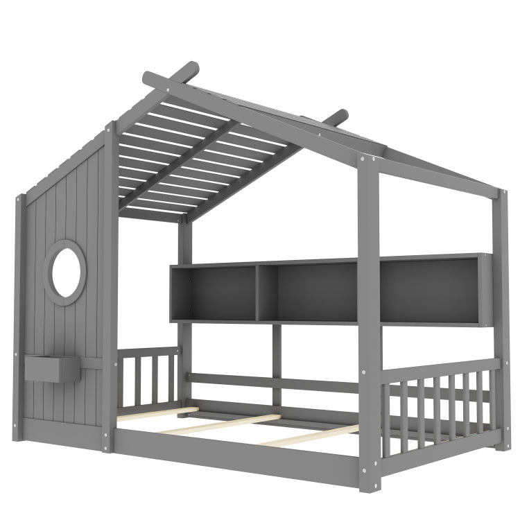Twin Size Floor House Bed For Toddler, Kids Montessori Bed With Storage Shelf, Playhouse Bed With Roof Design, Gray
