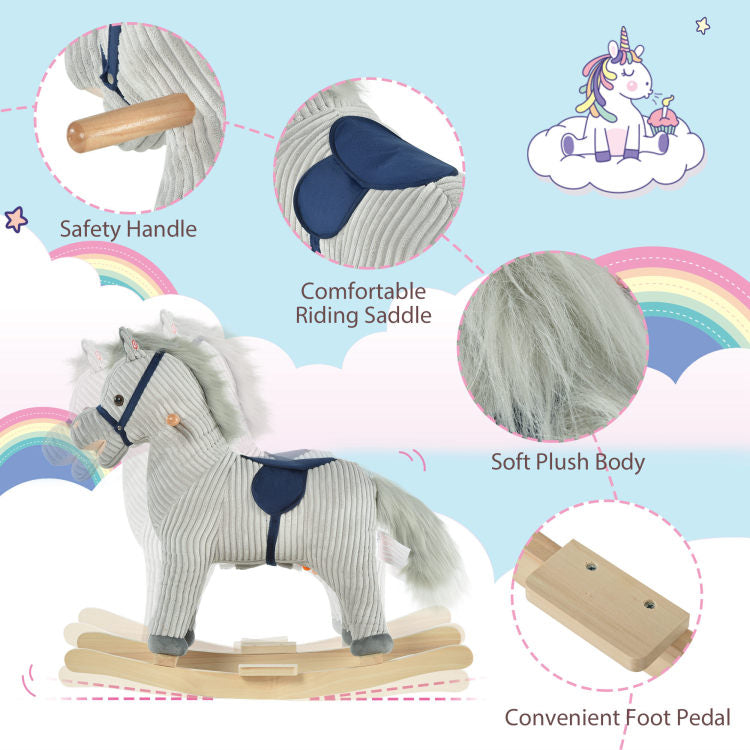 Qaba Kids Rocking Horse For Toddler 3 5, Plush Ride On Horse Wooden Rocker With Realistic Sounds, Gray