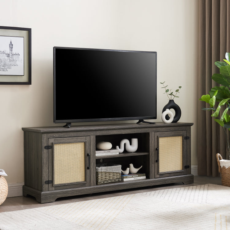 Farmhouse Rattan Tv Stand Console Table For Tvs Up To 70 Inches, Tv Console Table With 2 Storage Shelves, 2 Natural Rattan Door Cabinets, 65"W*15.55"D*23.86"H, Gray