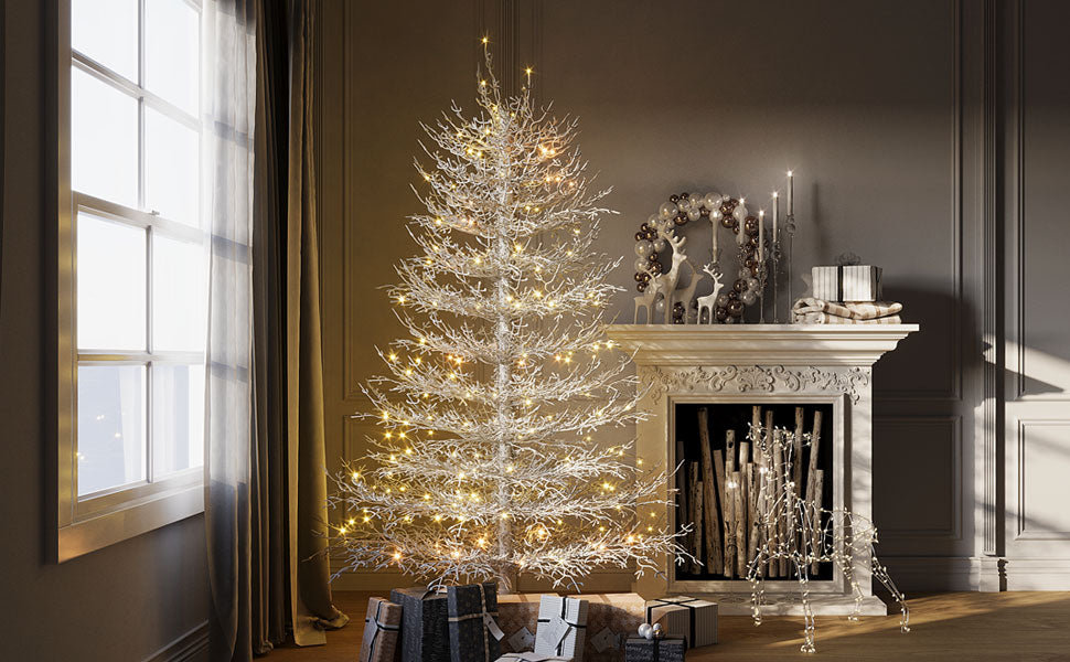 6Ft Pre Lit Aspen Fir Artificial Christmas Tree, Hinged Xmas Tree 623 Snow Flocked Branch Tips, 420 Warm White Led Lights, Holiday Coral Christmas Tree For Home Party