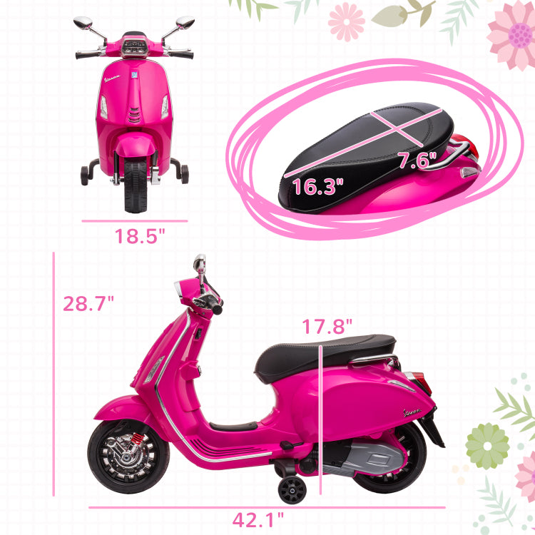 Qaba Vespa Licensed Electric Motorcycle For Kids, 6V Toddler Motorcycle, Battery Operated Motorbike For Kids With Music, Fm Radio, Headlight, Single Button Start For 3 6 Years, Pink