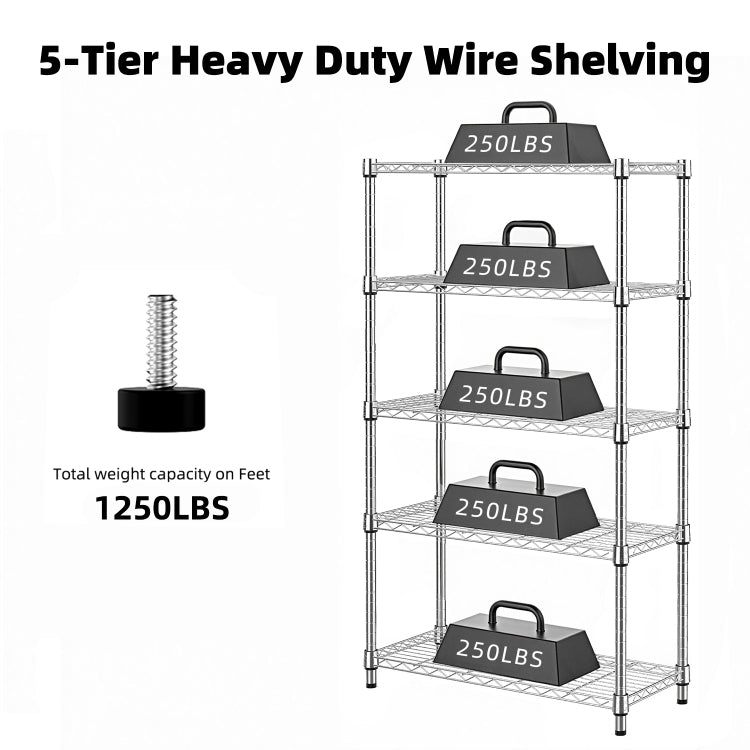 1250 Lbs Steel Heavy Duty 5 Tier Utility Shelving Unit Steel Organizer Wire Rack For Home,Kitchen,Office,Chrome 13.7" D X 23.6" W X 62.4" H