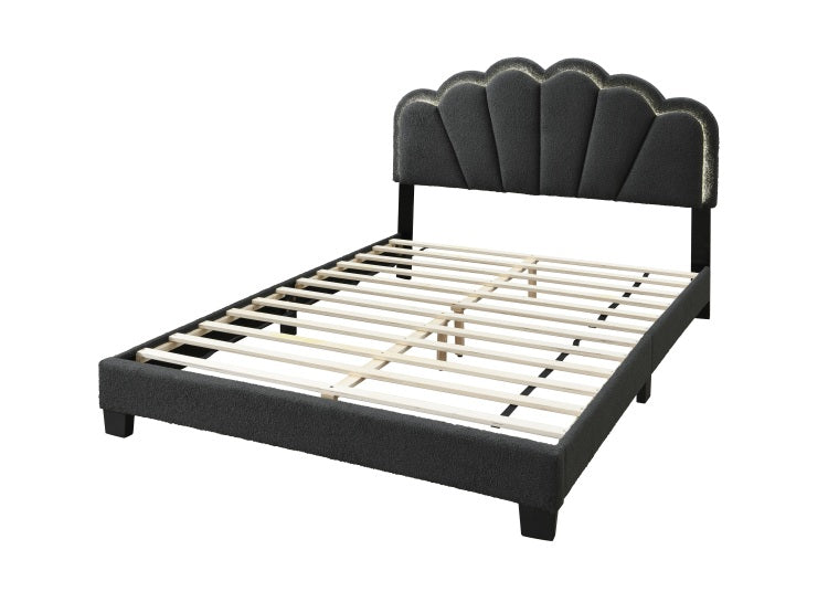 Full Size Bed Charcoal Wool Fabric Floral Design Headboard W Led Fully Upholstered Platform Bedroom Furniture