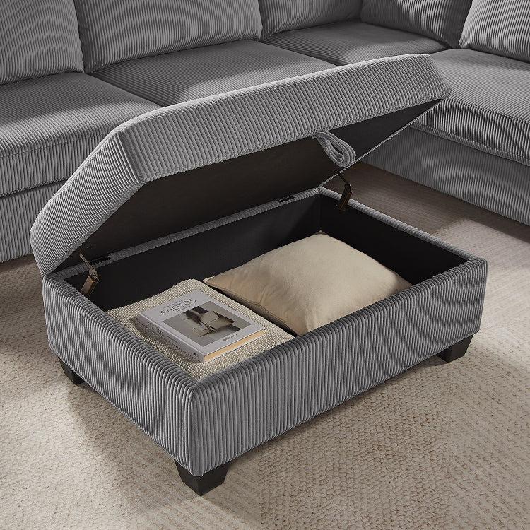 Rowan 107"W Dark Gray Corduroy Fabric Sectional Sofa With Right Facing Chaise, Usb & Usb C Charging Port, Storage Ottoman, And Pillows
