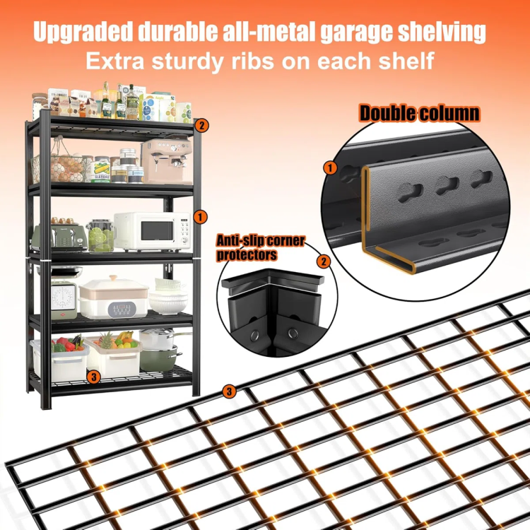 5 Layer Metal Storage Rack, Adjustable Height Storage Rack, 2000 Pound Load, Suitable For Garages, Kitchens, Supermarkets, Storage Rooms, And Gyms. Black, Requires Assembly