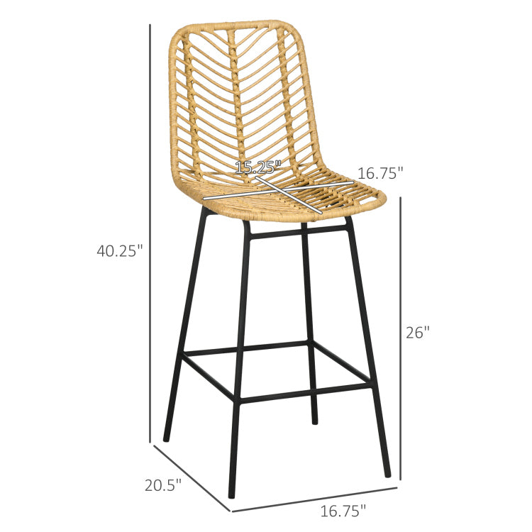 Homcom Rattan Bar Stools Set Of 4, 26" Counter Height Barstools, Boho Kitchen Island Stools With Wicker Seat And Back, Yellow