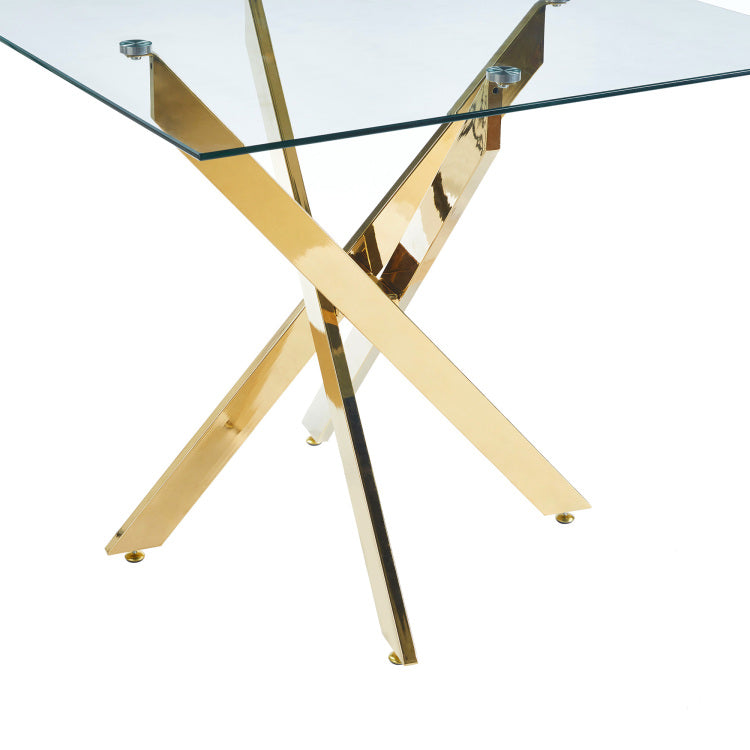Dining Table With Cross Metal Leg And Tempered Glass,Modern Space Saving Kitchen Table For Living Room,Chrome Legs,Square Table,Golden Legs,90X90X75Cm