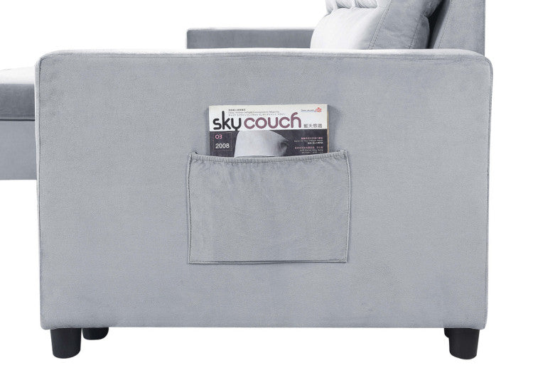 Iride 81.5"W Light Gray Velvet Reversible Sleeper Sectional Sofa With Storage Chaise And Side Pocket