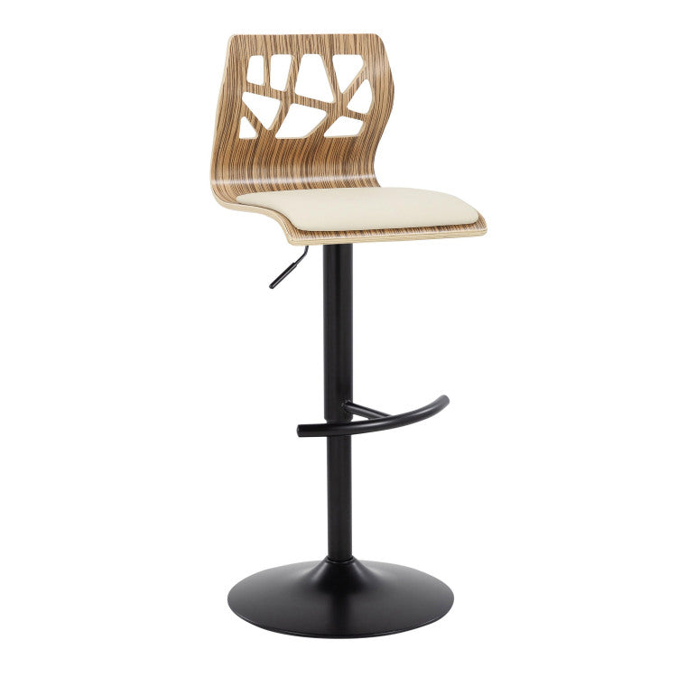 Folia Mid Century Modern Adjustable Barstool With Swivel In Black Metal, Zebra Wood And Cream Faux Leather With Rounded T Footrest Set Of 2