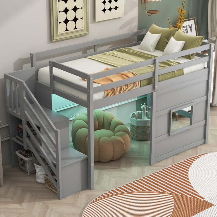 Twin Size Loft Bed With Storage Staircase And Window, With Led Light, Gray